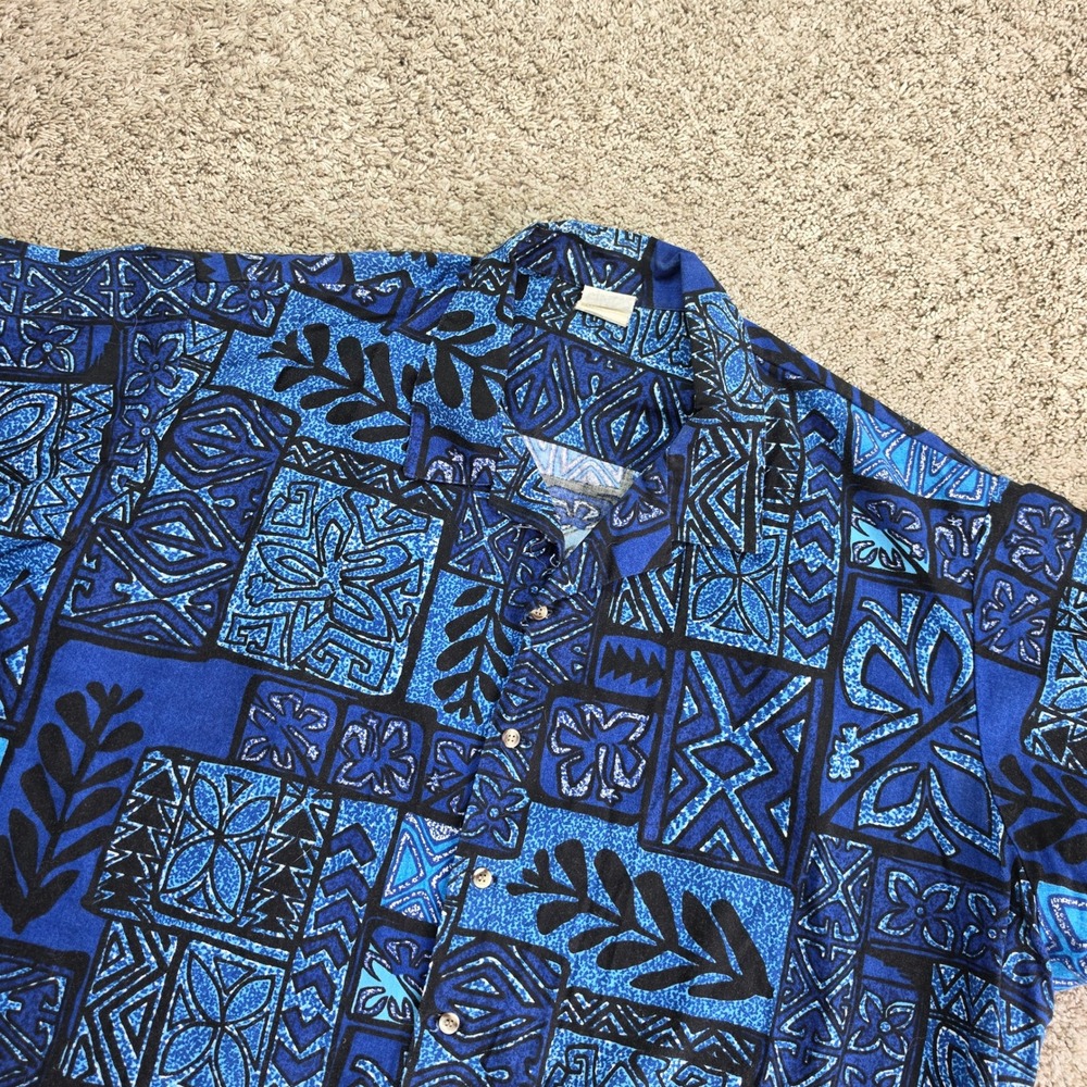 VINTAGE Cintas Shirt Mens 2XL Rayon Blue Tribal Geometric Hawaiian Aloha USA